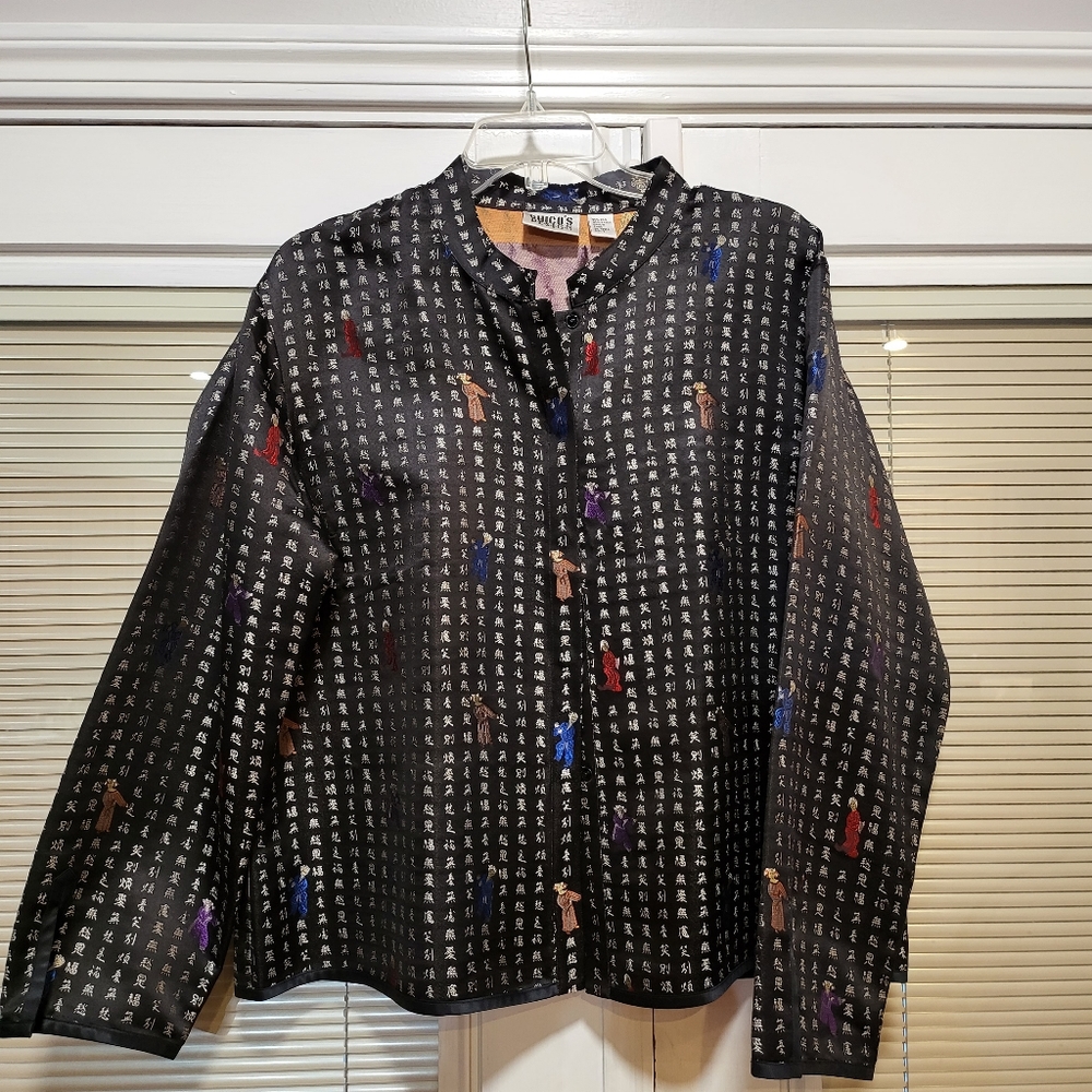 CHICOS Black Silk Jacket Chinese Characters Asian, SIZE 3 Large, Embroidered